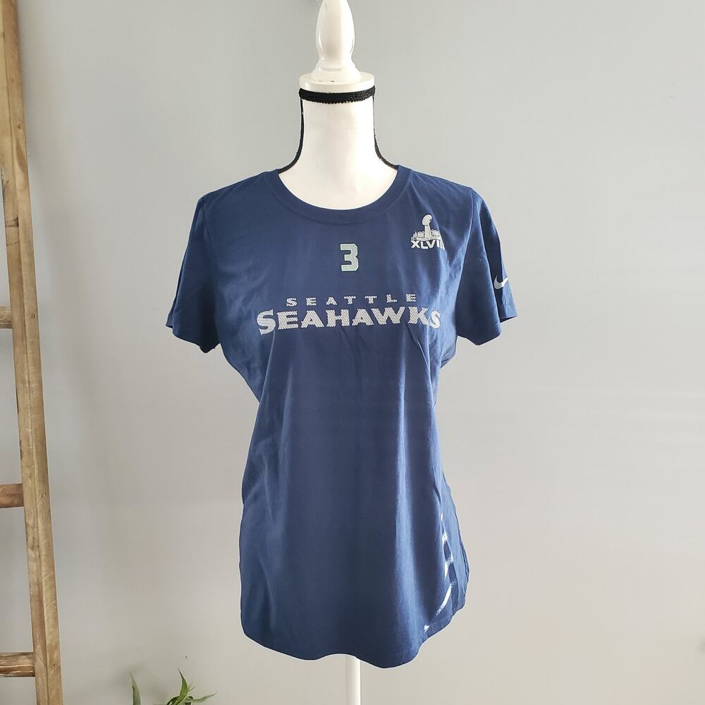 NIKE Women's Seattle Seahawks Russell Wilson Navy Blue Tee L Slim Fit